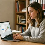 Jeune femme connectée à son espace élèves sur un ordinateur portable depuis son bureau à domicile