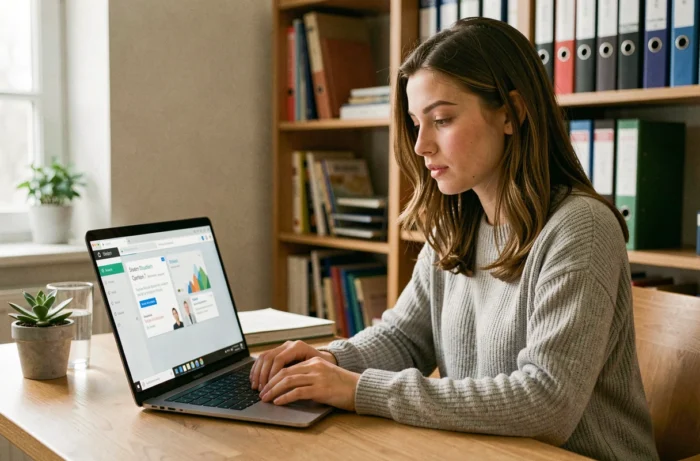 Jeune femme connectée à son espace élèves sur un ordinateur portable depuis son bureau à domicile