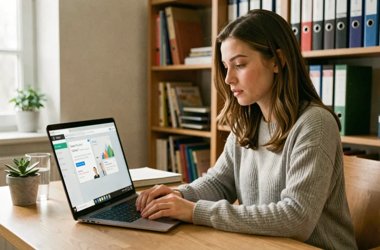 Jeune femme connectée à son espace élèves sur un ordinateur portable depuis son bureau à domicile