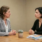 Travailleuse sociale écoutant attentivement une femme victime de violences conjugales dans un bureau d'accompagnement professionnel