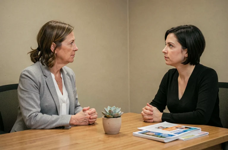Travailleuse sociale écoutant attentivement une femme victime de violences conjugales dans un bureau d'accompagnement professionnel