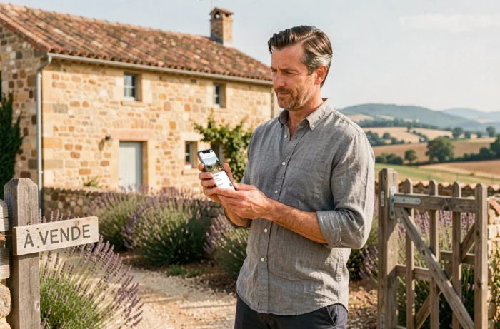 Homme consultant une application immobilière devant une maison en pierre à vendre dans la campagne française