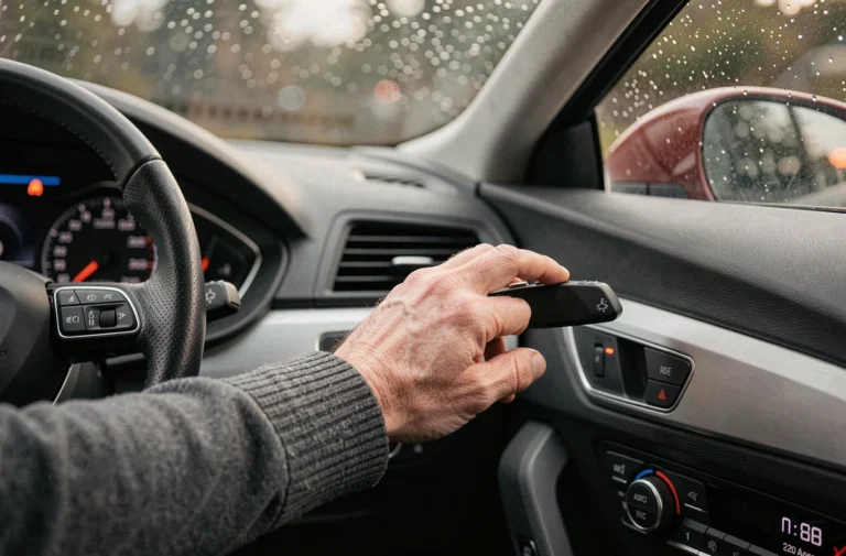 Main d'un conducteur activant le levier d'essuie-glace arrière à l'intérieur d'une Audi A4