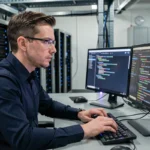 Administrateur Linux analysant des logs de sécurité sur un poste de travail professionnel en salle serveur