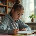Adolescente concentrée sur ses notes dans une chambre moderne, illustrant les défis scolaires des jeunes aujourd'hui