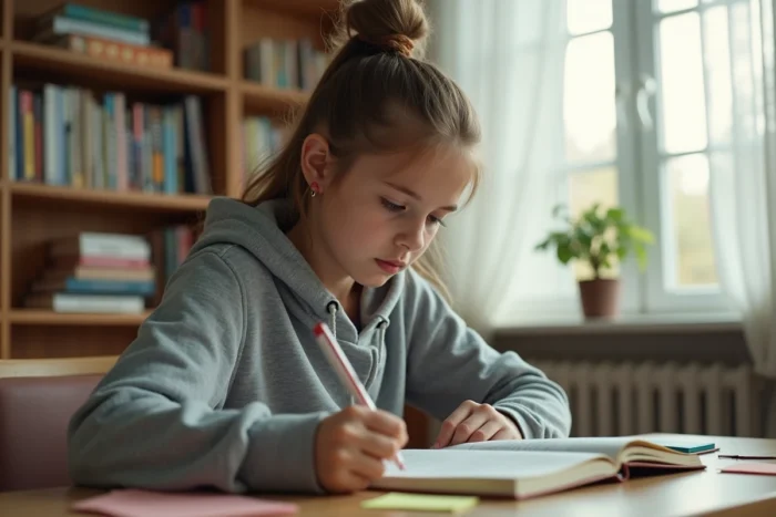 Adolescente concentrée sur ses notes dans une chambre moderne, illustrant les défis scolaires des jeunes aujourd'hui