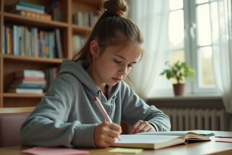 Adolescente concentrée sur ses notes dans une chambre moderne, illustrant les défis scolaires des jeunes aujourd'hui