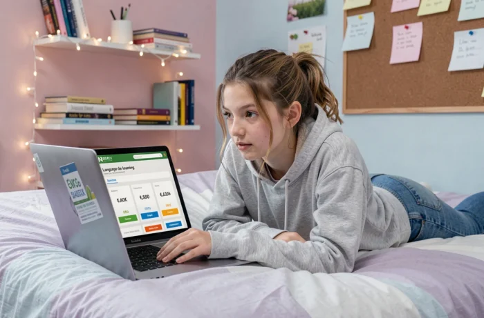 Adolescente comparant les formules et prix d'abonnement Duolingo sur un ordinateur portable dans sa chambre