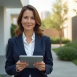 Agente immobilière tenant une tablette avec des annonces devant un immeuble résidentiel moderne