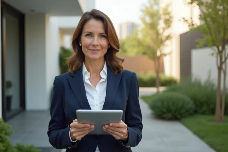 Agente immobilière tenant une tablette avec des annonces devant un immeuble résidentiel moderne