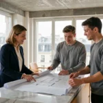 Agent immobilière présentant un appartement moderne à un couple acheteur à Paris, tendances marché immobilier France