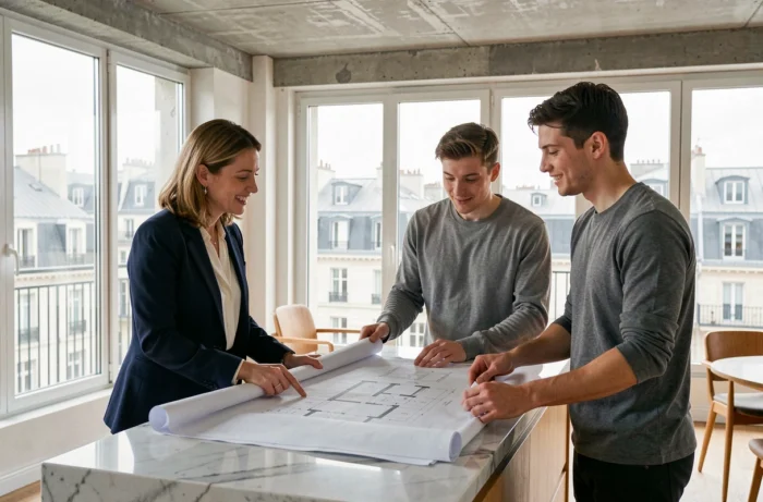 Agent immobilière présentant un appartement moderne à un couple acheteur à Paris, tendances marché immobilier France