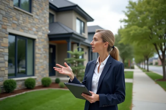 Agent immobilière présentant une maison individuelle à vendre dans un quartier résidentiel calme lors d'une visite immobilière