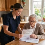 Une aide à domicile ADMR discute du tarif horaire 2026 avec une personne âgée autour d'un document de facturation dans une cuisine familiale
