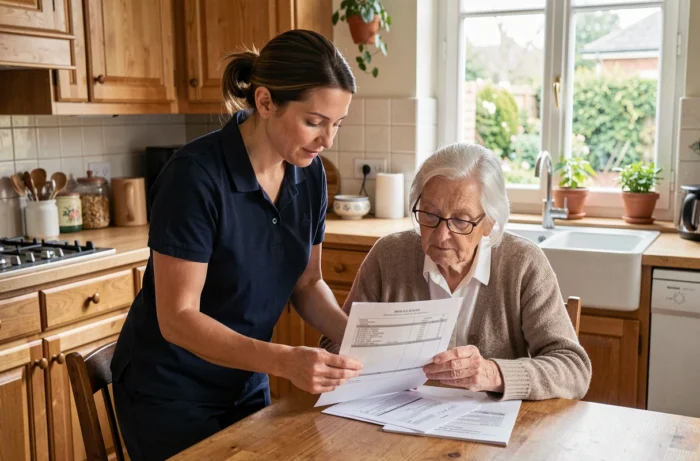 Une aide à domicile ADMR discute du tarif horaire 2026 avec une personne âgée autour d'un document de facturation dans une cuisine familiale