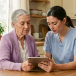 Une aide-soignante accompagne une femme âgée dans l'utilisation d'une tablette numérique à domicile, symbolisant les services d'assistance aux seniors