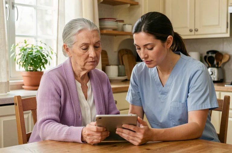Une aide-soignante accompagne une femme âgée dans l'utilisation d'une tablette numérique à domicile, symbolisant les services d'assistance aux seniors