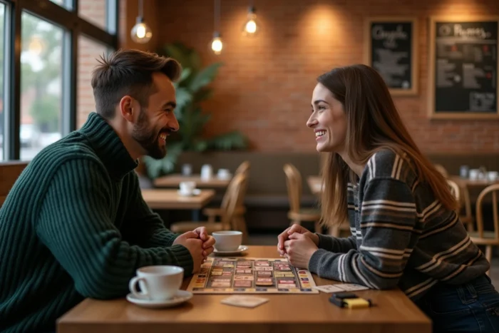 Deux amis jouant à un jeu de société dans un café indépendant, idée de loisir convivial entre amis