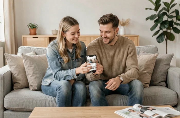 Deux amis recherchant ensemble les invitations Instagram sur un canapé dans un salon moderne