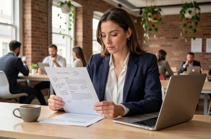 Femme d'affaires analysant une offre de partenariat commercial sur un bureau en bois dans un espace de coworking moderne