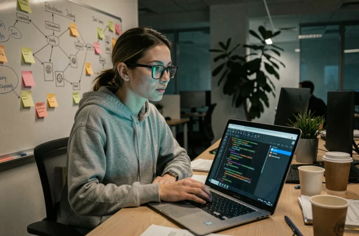 Analyste en cybersécurité configurant un pare-feu Linux sur son ordinateur portable dans un bureau tech
