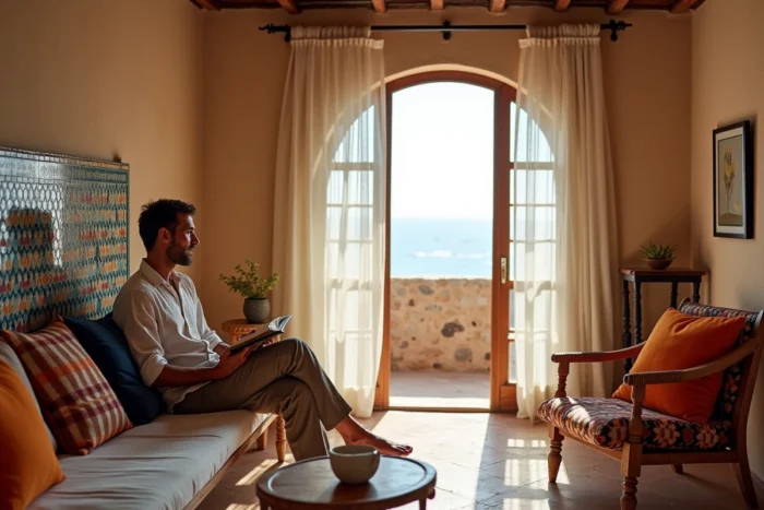 Intérieur d'un appartement meublé en location longue durée à Essaouira avec vue sur l'océan Atlantique