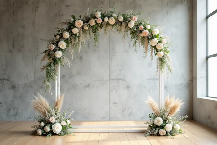 Arche de mariage géométrique décorée de roses anglaises et de verdure dans une salle minimaliste en béton brut