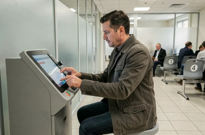 Homme utilisant une borne numérique en libre-service dans une agence d'assurance maladie
