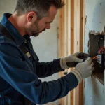 Électricien en train de brancher les fils noir et blanc dans une boîte électrique murale d'une maison