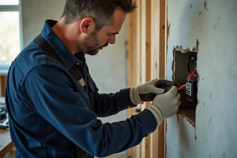 Électricien en train de brancher les fils noir et blanc dans une boîte électrique murale d'une maison