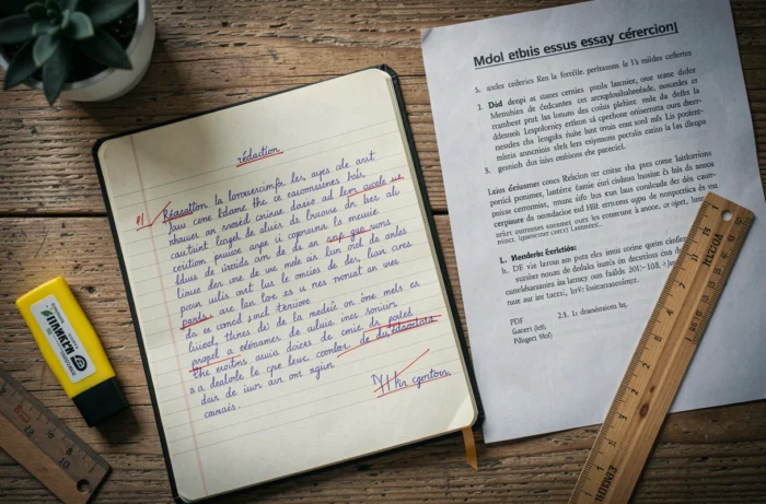 Cahier de rédaction de 6ème ouvert avec corrections en rouge et corrigé PDF imprimé sur une table en bois