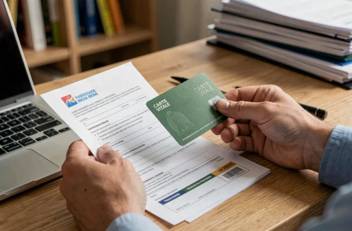 Mains tenant une Carte Vitale et un document officiel de l'assurance maladie sur un bureau