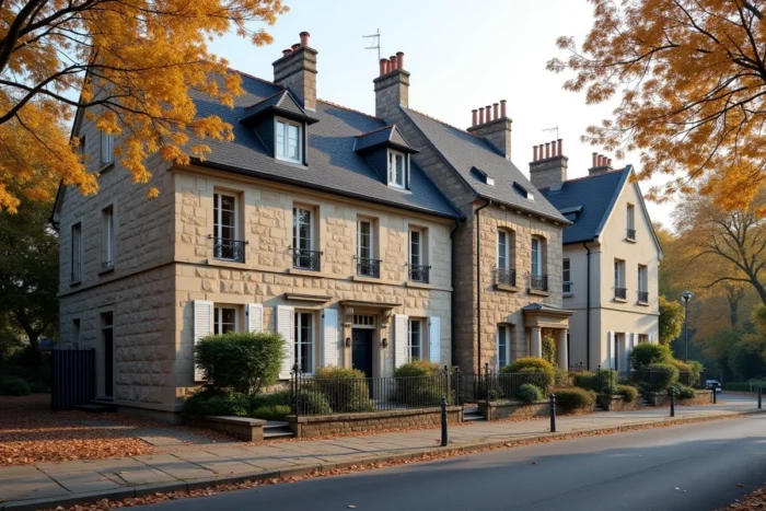 Rangée de maisons et immeubles résidentiels avec panneaux à vendre dans un quartier pavillonnaire français