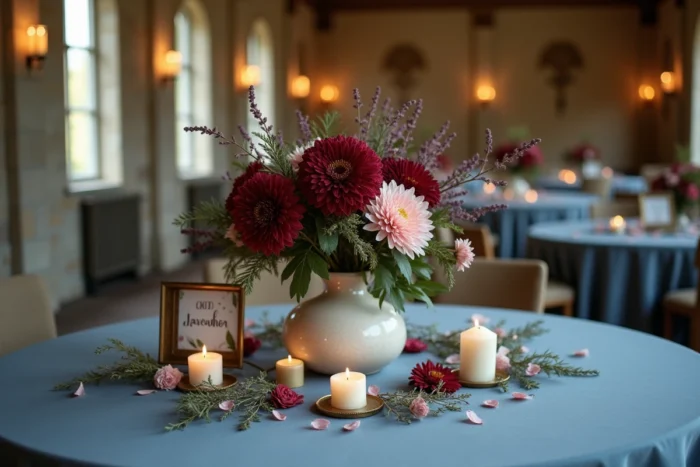 Centre de table mariage élégant avec dahlias en velours bleu poudré, bougies et cadres dorés dans un château français