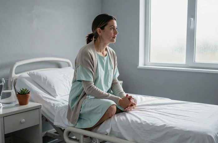 Femme assise en salle de réveil après une salpingectomie, en tenue hospitalière dans une chambre de convalescence calme