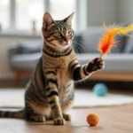 Chat tigré adulte jouant avec une canne à plumes dans un salon moderne au style scandinave