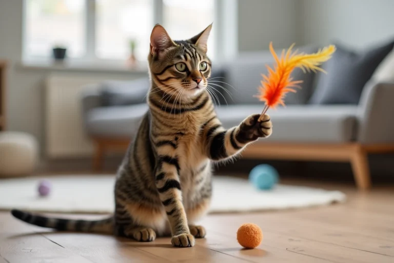 Chat tigré adulte jouant avec une canne à plumes dans un salon moderne au style scandinave