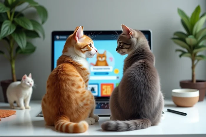 Deux chats domestiques assis devant un ordinateur affichant un site communautaire félin