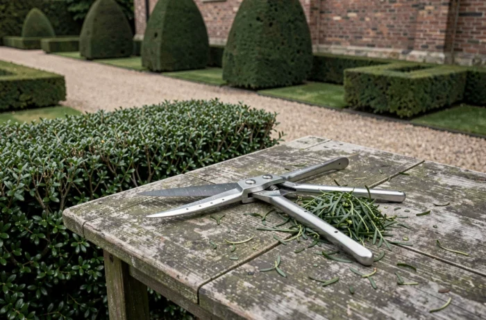 Cisailles professionnelles posées sur une haie d'if taillée dans un jardin à l'anglaise