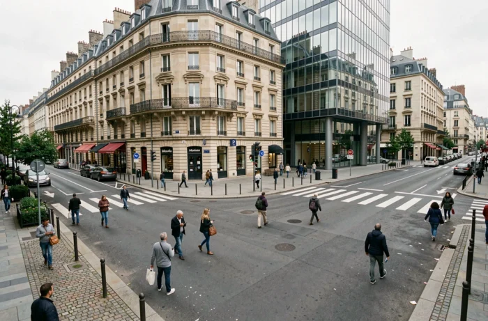 Carrefour urbain illustrant la coexistence de bâtiments haussmanniens, de tours modernes et d'immeubles résidentiels représentant différentes structures urbaines