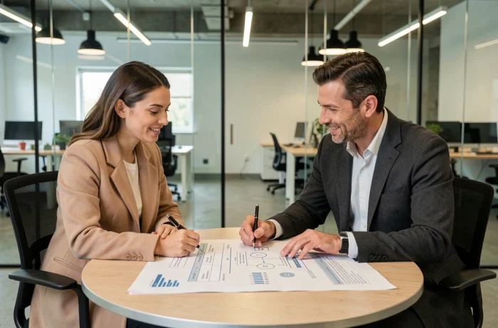 Deux entrepreneurs collaborant sur un modèle de business plan dans un espace de co-working