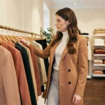 Femme élégante parcourant une collection de vêtements tendance dans une boutique de mode parisienne raffinée
