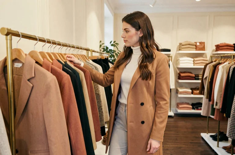 Femme élégante parcourant une collection de vêtements tendance dans une boutique de mode parisienne raffinée