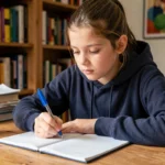 Jeune collégienne de 6ème écrivant une rédaction dans un cahier ligné à son bureau à la maison