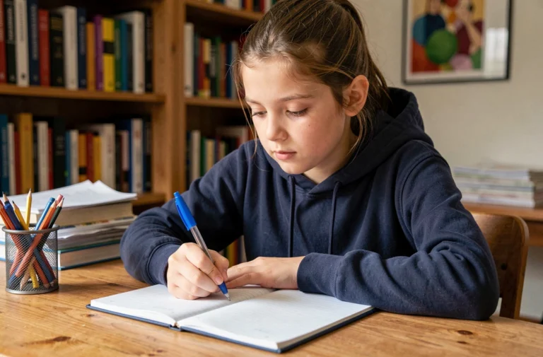 Jeune collégienne de 6ème écrivant une rédaction dans un cahier ligné à son bureau à la maison