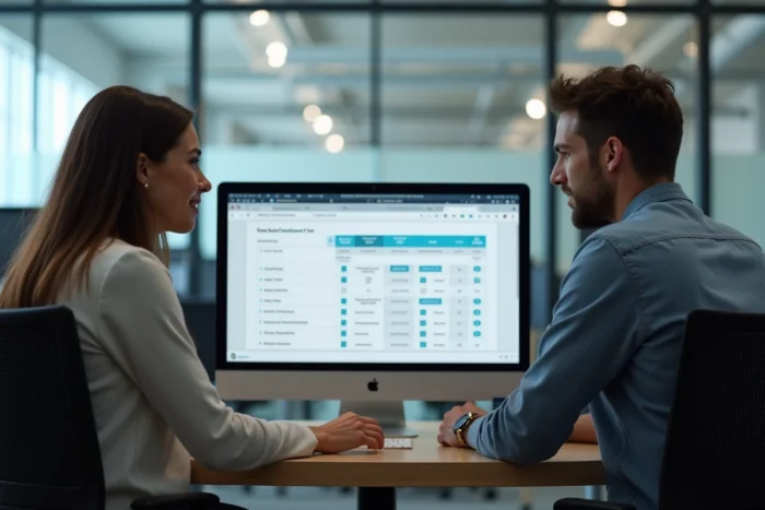 Deux collègues en open space comparant les offres de messagerie SFR Mail sur un écran d'ordinateur de bureau