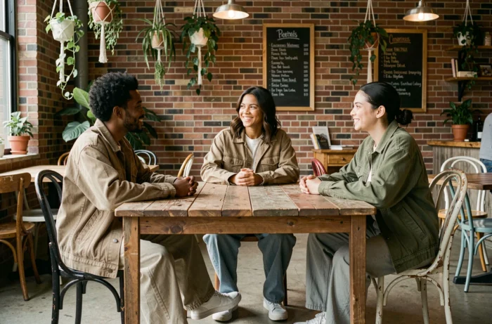 Groupe de personnes aux identités de genre variées réunies dans un café communautaire, représentant la diversité et l'inclusion des identités agender et non binaires