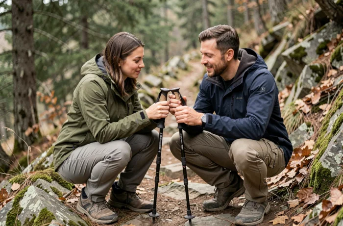 Deux randonneurs comparant des bâtons de marche sur un sentier de montagne, choisissant l'équipement de randonnée adapté pour une pratique en toute sécurité