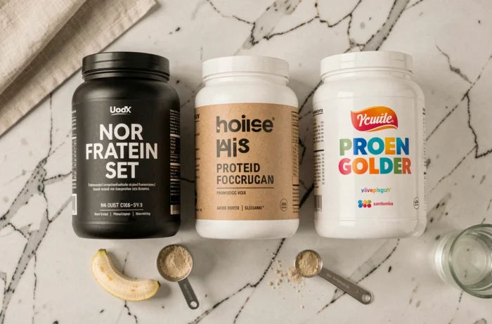 Comparaison de trois poudres de protéines différentes sur un plan de travail en marbre pour aider à choisir le meilleur complément