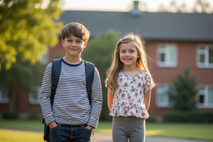 Deux enfants de 11 ans, une fille et un garçon, côte à côte dans une cour d'école, illustrant les différences de taille et de morphologie à cet âge